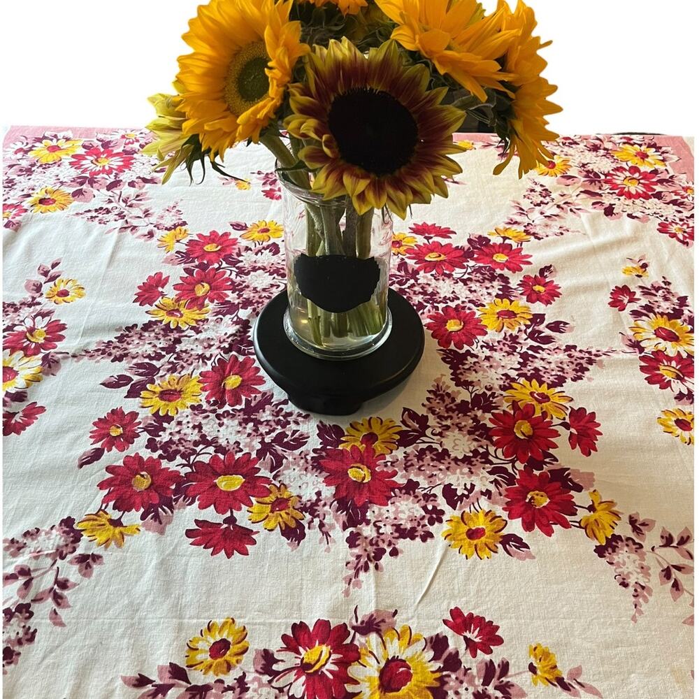 Vintage 1940s Queen Anne Shamut Tablecloth Floral Maroon Yellow Boho Square
